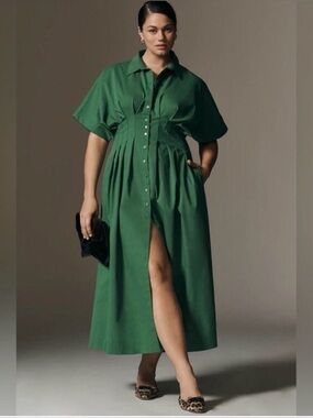 Anthropologie Exquise 2X The Tobie pleated waist pocketed midi dress in green